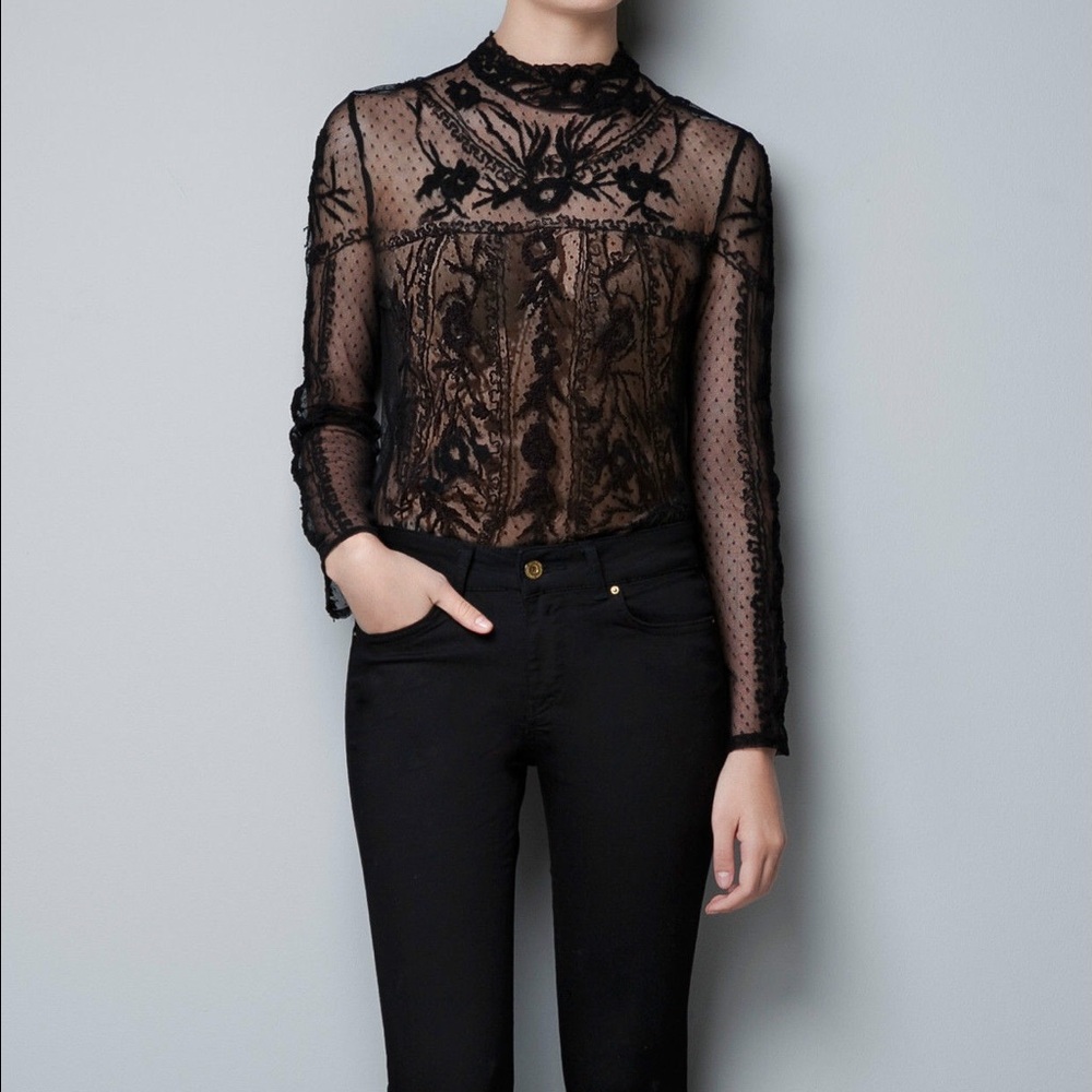 Zara Black Sheer Lace High-Neck Top